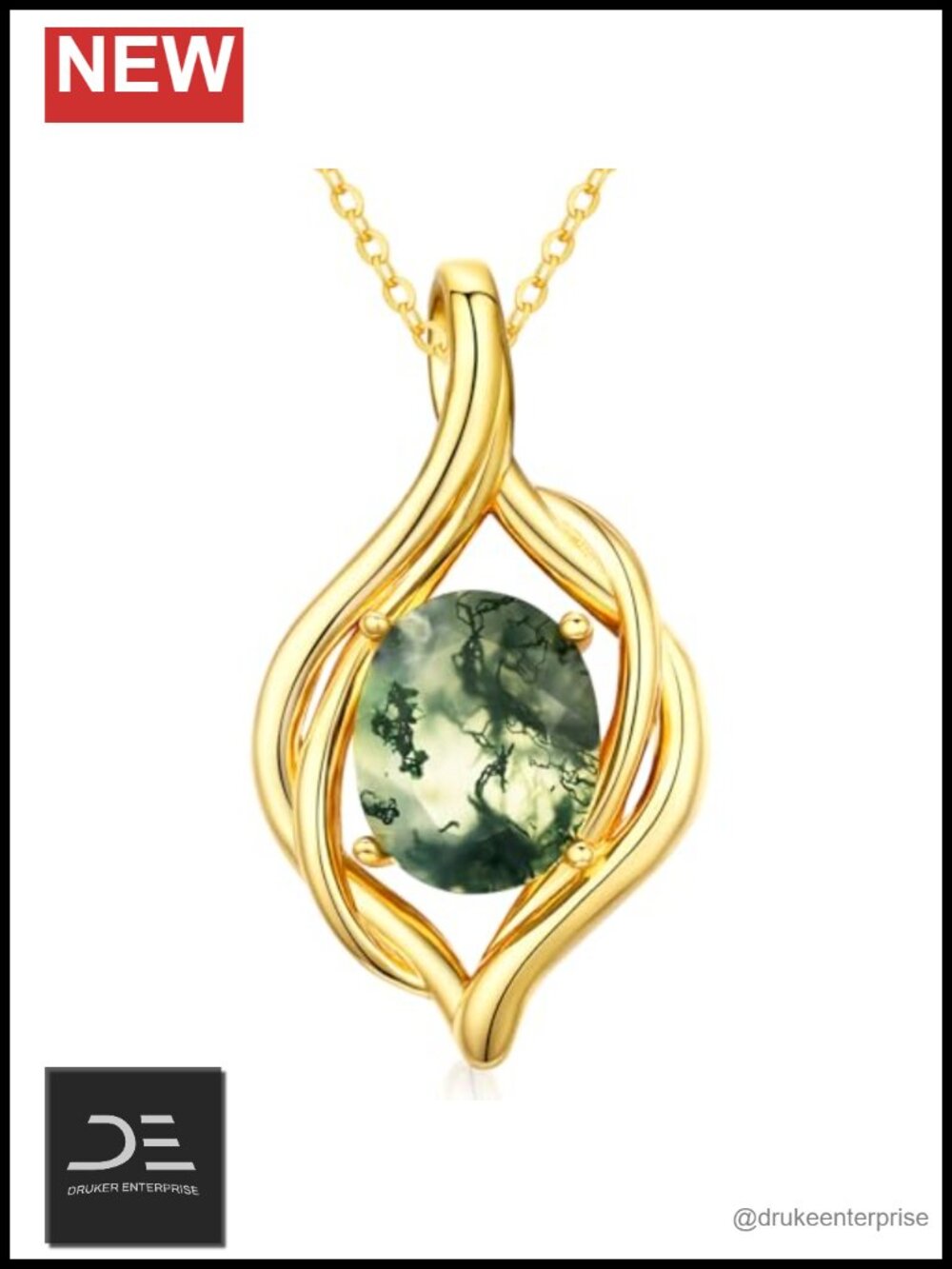 Moss Agate Pendant Necklace 18 Inch Chain Boho Jewelry Gift for Her 14K Gold